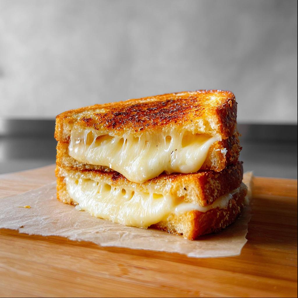 A perfectly grilled cheese sandwich, cut in half, with gooey melted cheese oozing out.