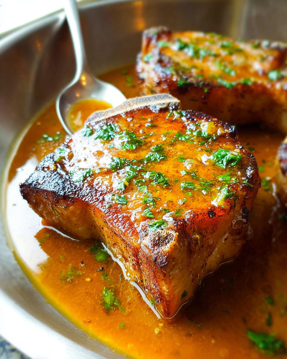 Close-up of a perfectly cooked, juicy pork chop in a rich, savory sauce, garnished with fresh herbs.