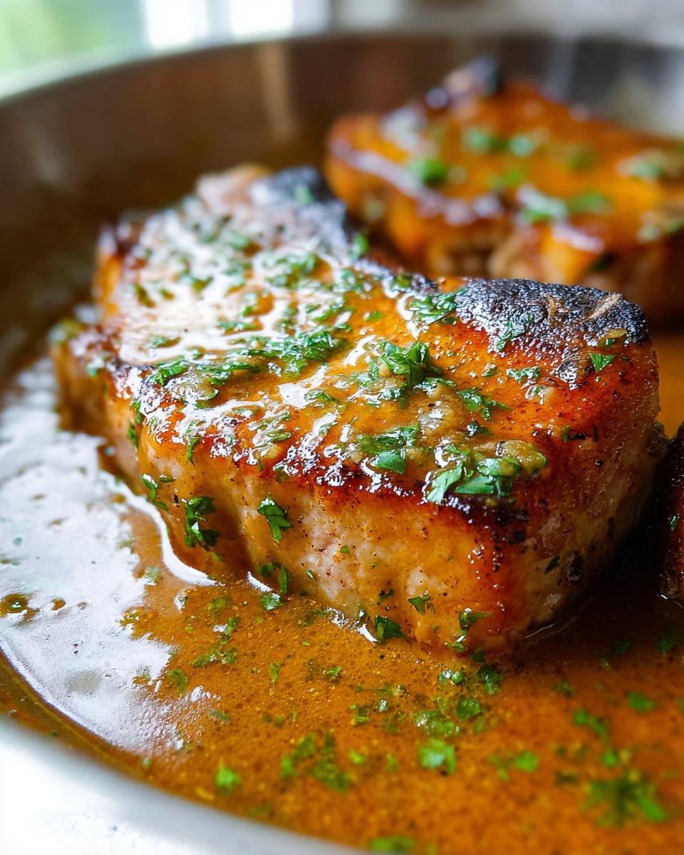 Close-up of juicy pork chops in a rich pan sauce, garnished with fresh parsley. The Ultimate Pork Chops Recipes Guide for Beginners.