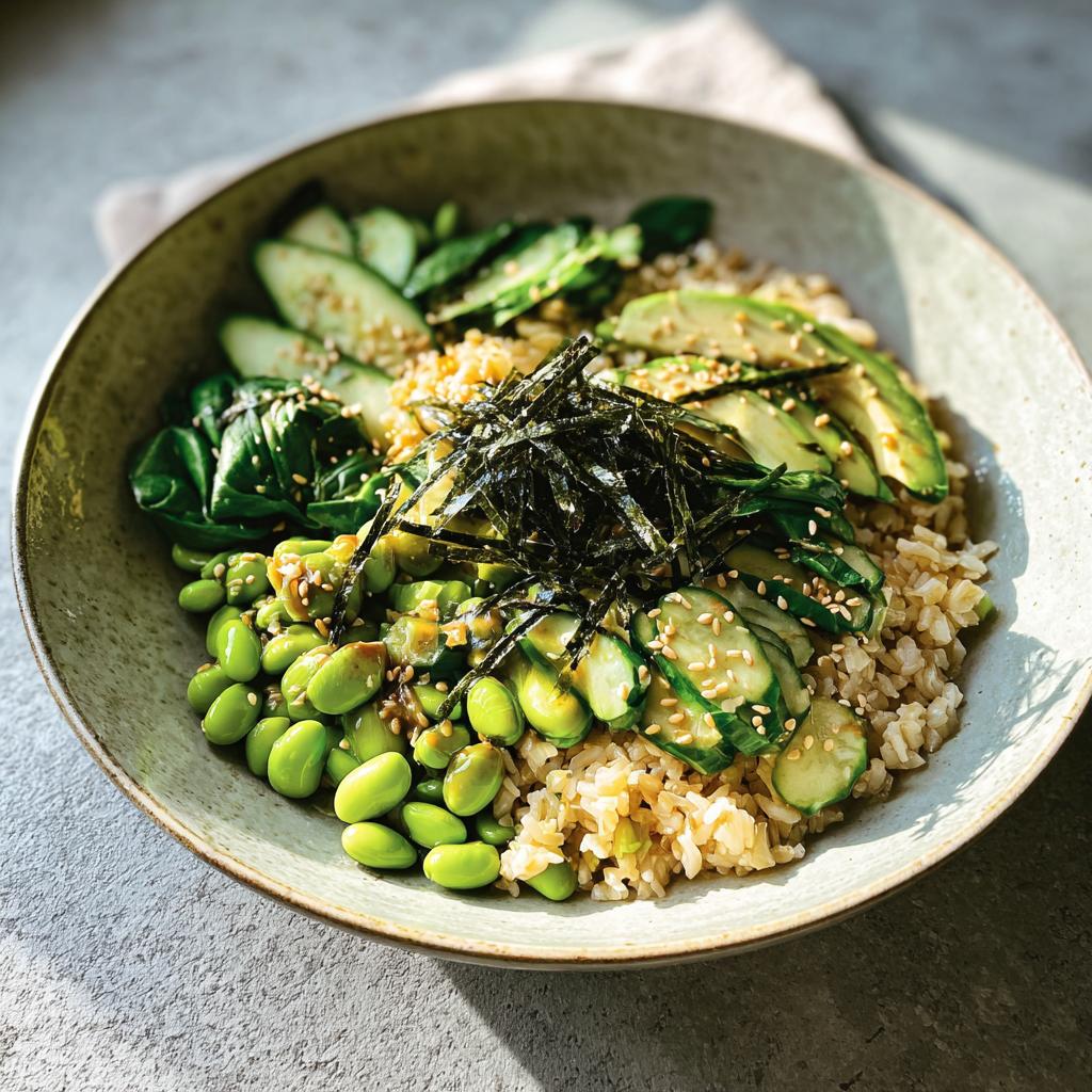 A vibrant and healthy rice bowl with brown rice, edamame, cucumber, avocado, spinach, and nori, part of The Ultimate Rice Bowls Recipes Guide for Beginners.