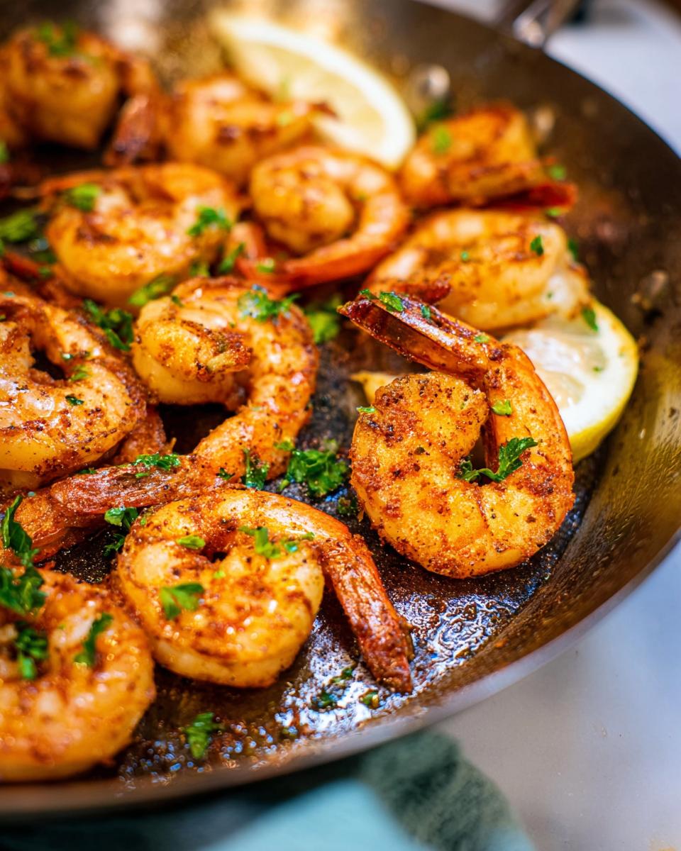 Close-up of perfectly pan-seared shrimp with spices and lemon wedges, part of The Ultimate Shrimp Recipes Guide for Beginners.