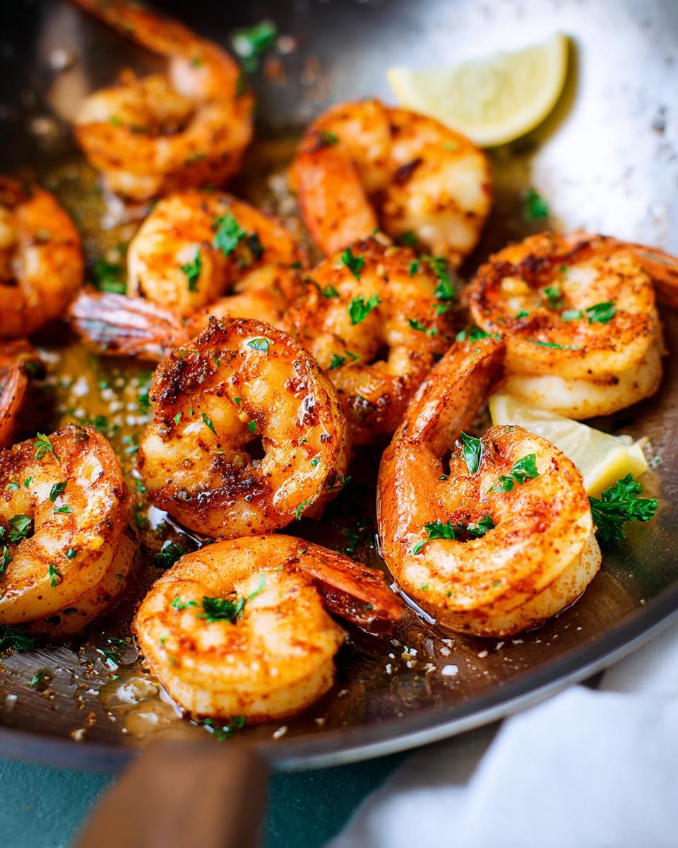 Close-up of perfectly pan-seared shrimp, seasoned with spices and garnished with parsley and lemon wedges. Part of The Ultimate Shrimp Recipes Guide for Beginners.