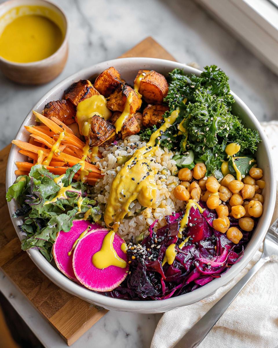 A vibrant and healthy vegan rice bowl recipe featuring roasted sweet potatoes, kale, carrots, chickpeas, and red cabbage with a turmeric dressing.