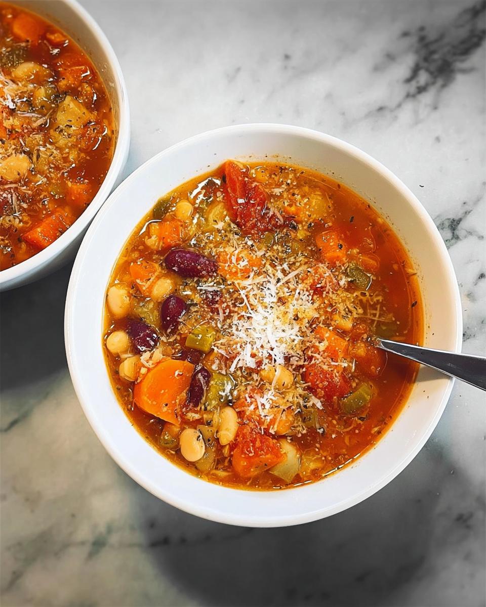 Close-up of a hearty vegetable soup recipe in a white bowl, topped with grated Parmesan cheese.