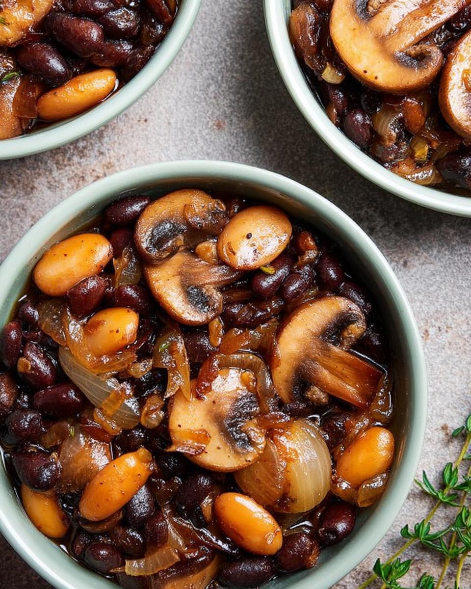 Close-up of a bowl filled with a hearty veggie sides recipe featuring black beans, butter beans, mushrooms, and onions.