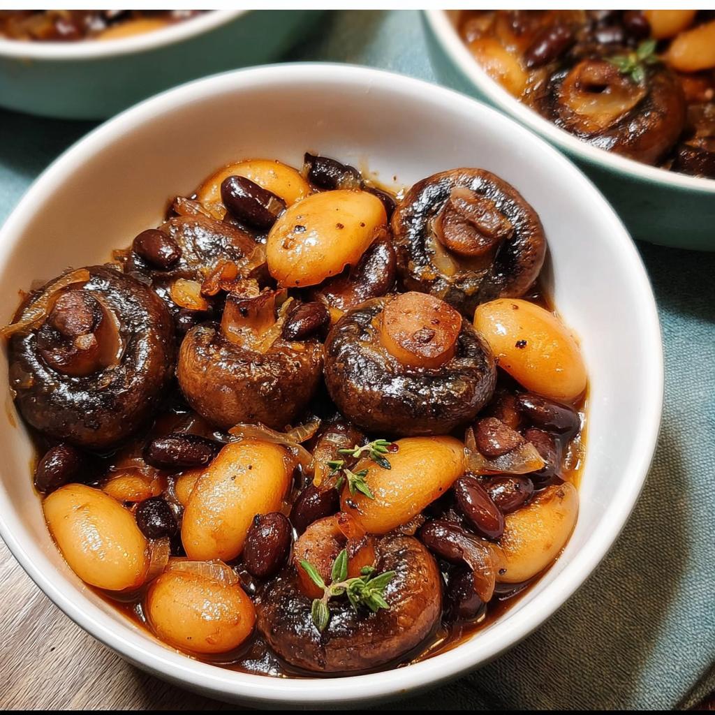 A close-up of a bowl filled with a hearty veggie sides recipe featuring whole mushrooms, white beans, and dark beans in a rich sauce.