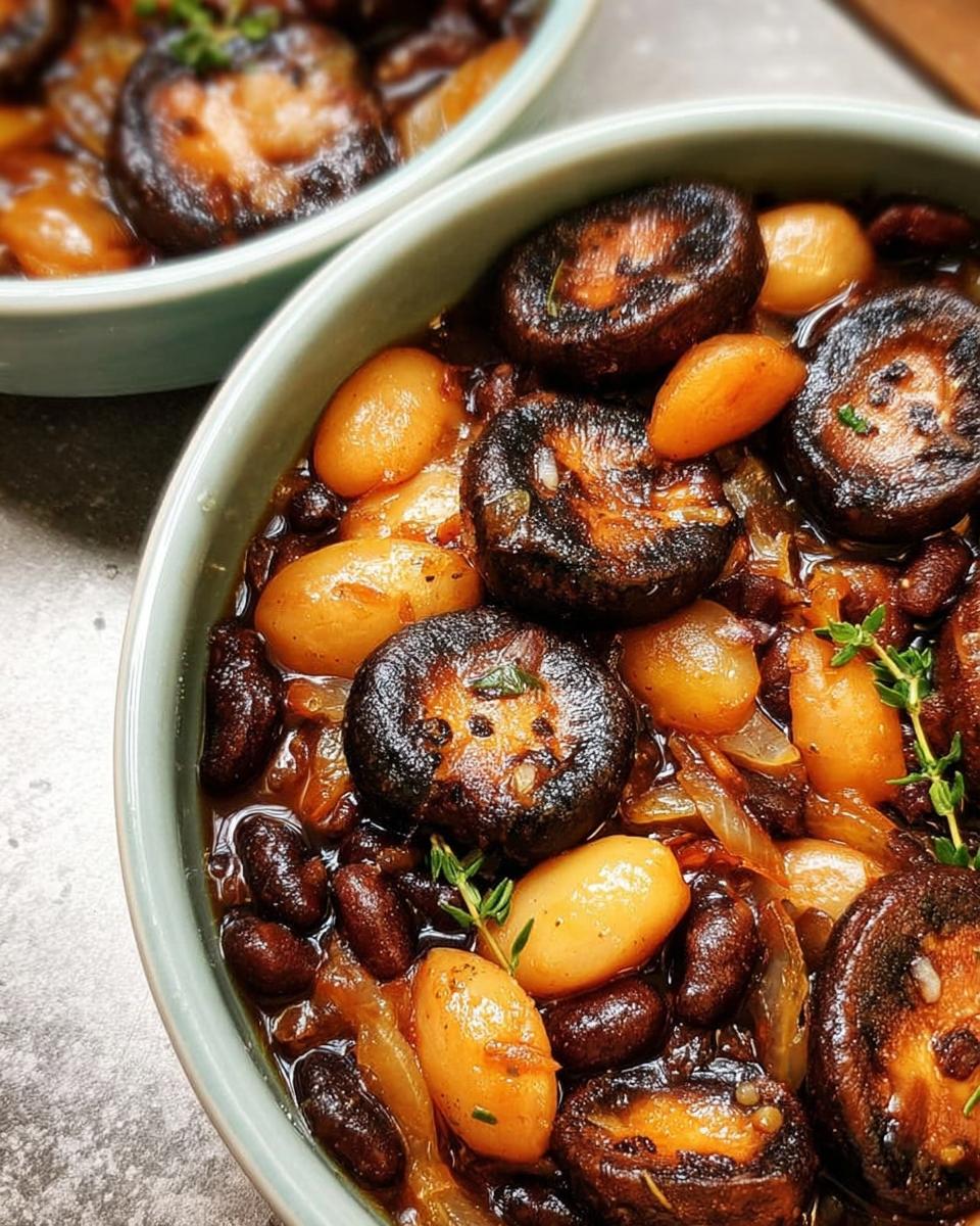 Close-up of a delicious veggie sides recipe featuring roasted mushrooms, small potatoes, and dark beans in a rich sauce.