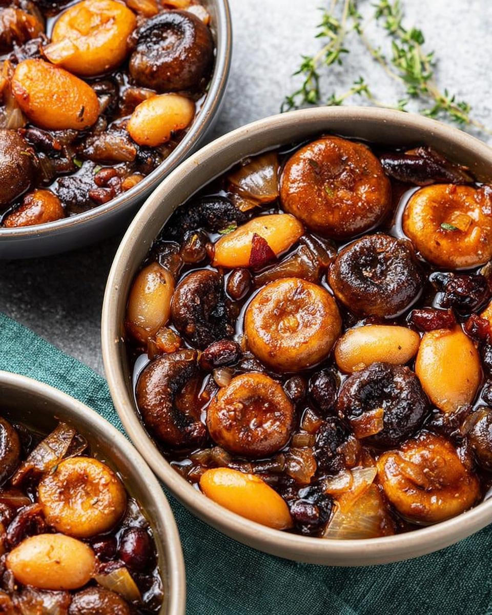 Close-up of a rich, savory veggie sides recipe featuring glazed mushrooms, figs, and onions in a bowl.