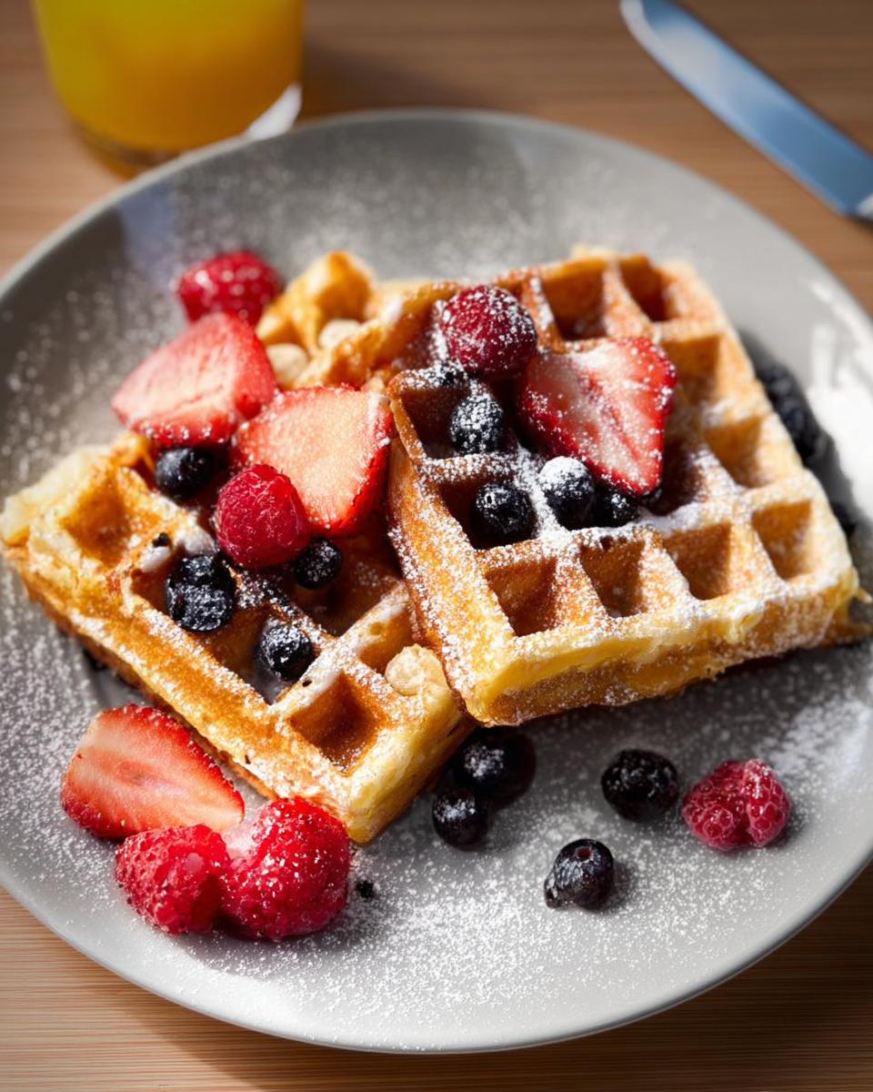Two golden waffles topped with fresh strawberries, blueberries, and raspberries, dusted with powdered sugar. A perfect breakfast idea recipe.