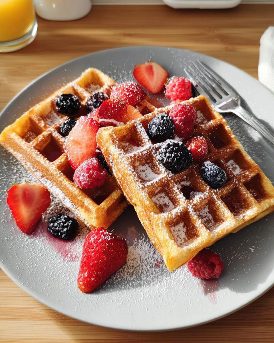 Two golden waffles topped with fresh strawberries, raspberries, and blueberries, dusted with powdered sugar. A perfect breakfast idea.