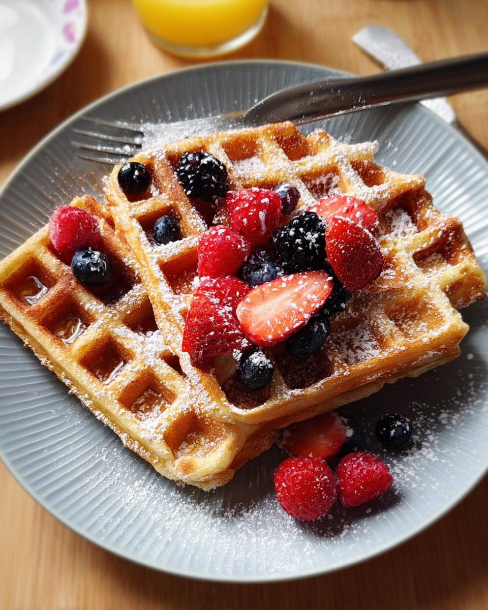 Two golden waffles topped with fresh strawberries, blueberries, raspberries, and blackberries, dusted with powdered sugar. A perfect breakfast idea.