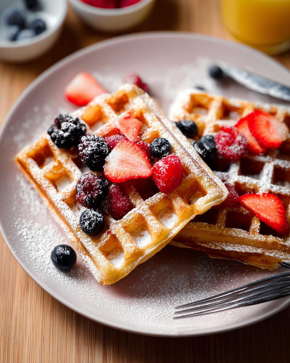 Two golden waffles topped with fresh strawberries, blueberries, raspberries, and blackberries, dusted with powdered sugar. A perfect breakfast idea.