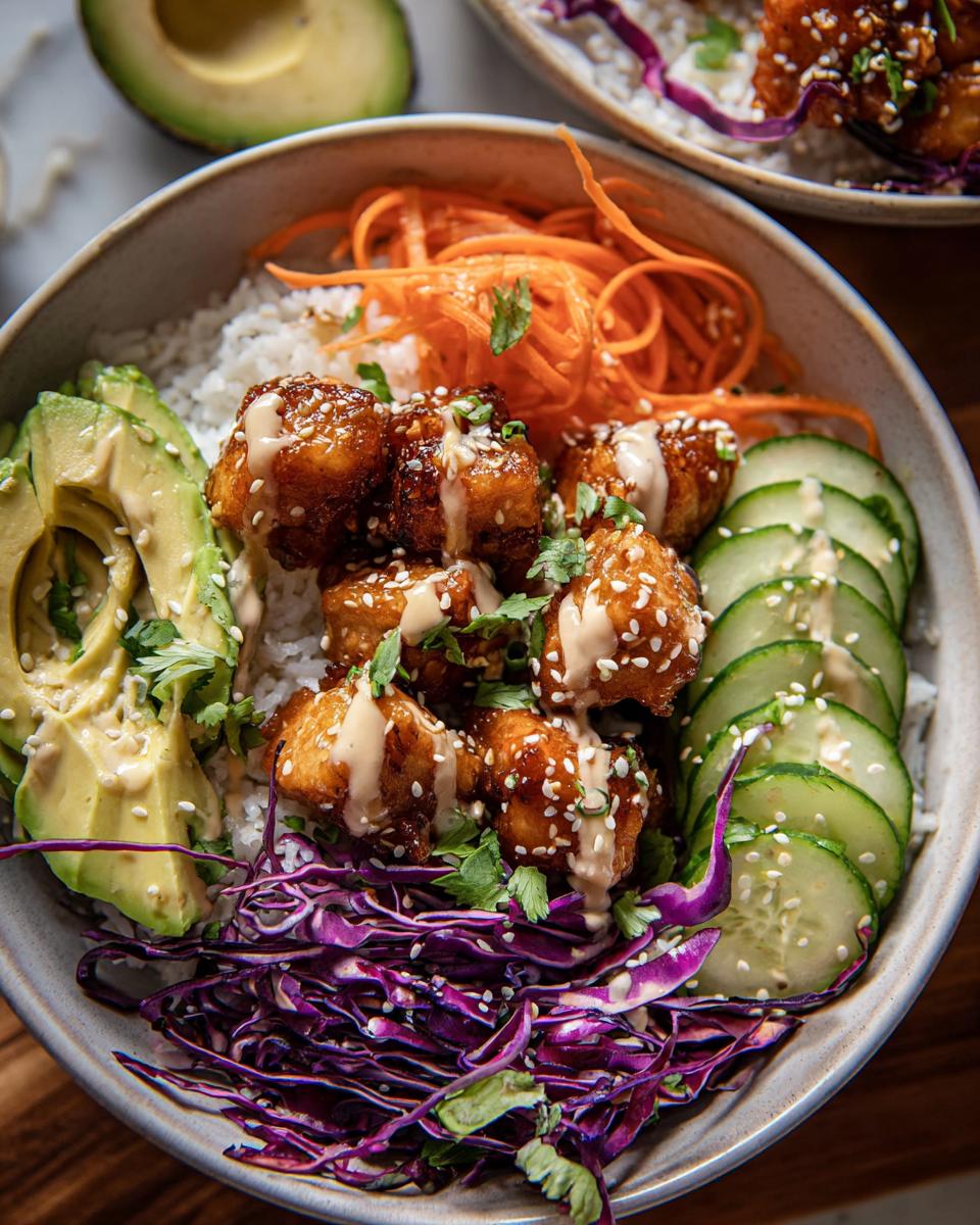 A close-up of a Bang Bang Chicken Bowl featuring crispy chicken, rice, avocado, cucumber, carrots, and red cabbage.