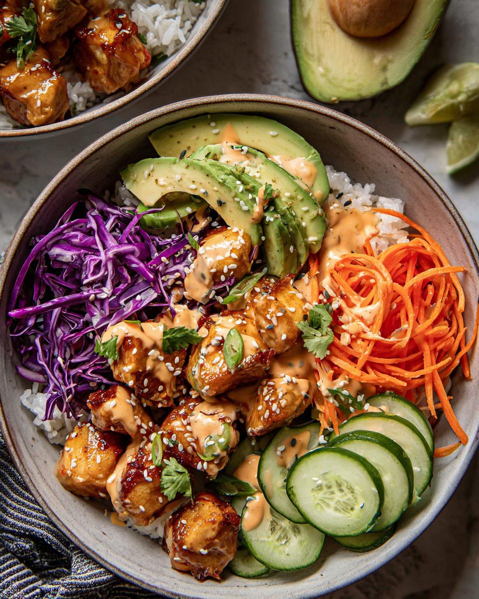 A vibrant Bang Bang Chicken Bowl featuring crispy chicken, rice, avocado, shredded carrots, red cabbage, and cucumber slices.