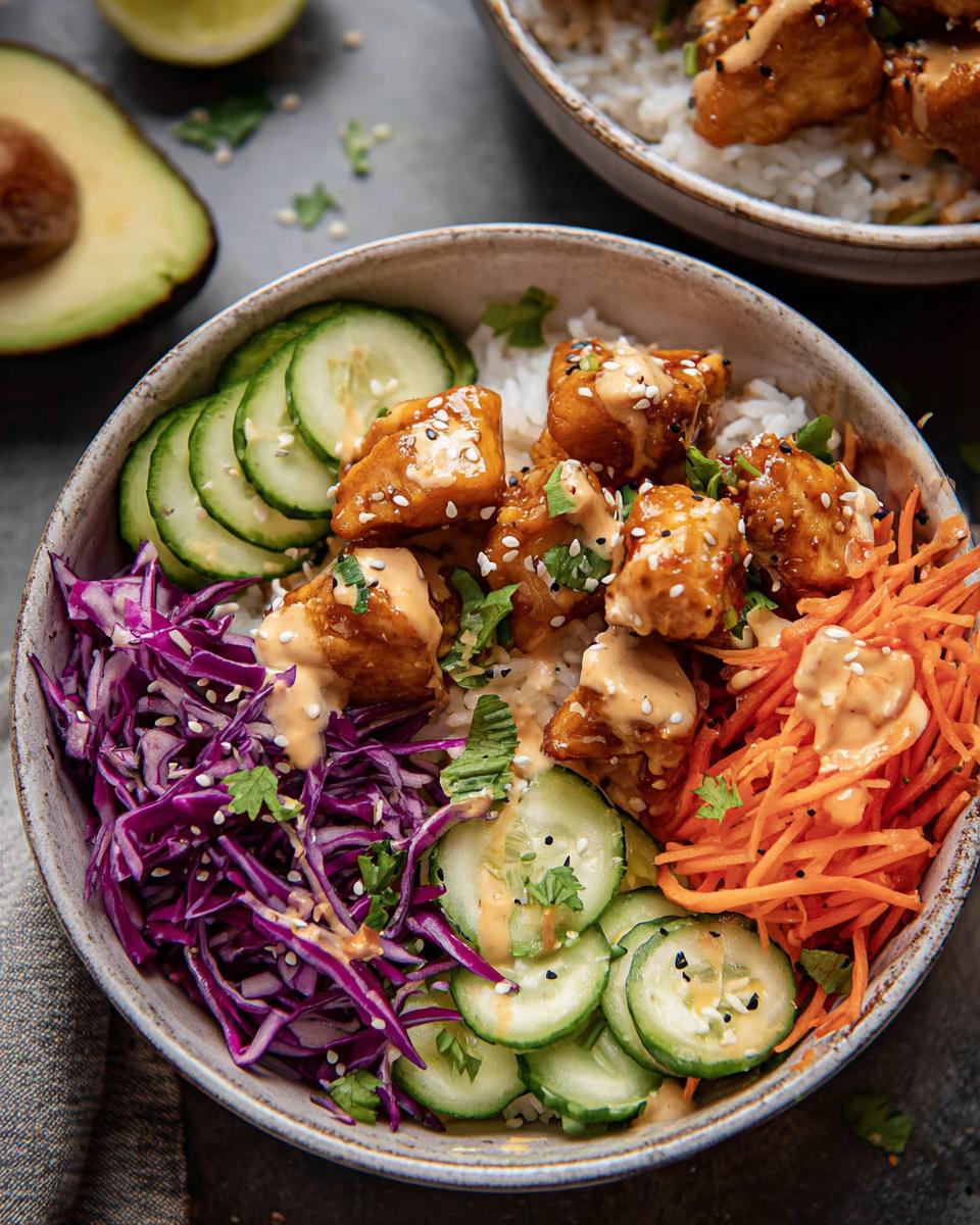 A vibrant Bang Bang Chicken Bowl featuring crispy chicken, rice, shredded carrots, sliced cucumbers, and red cabbage, drizzled with sauce.