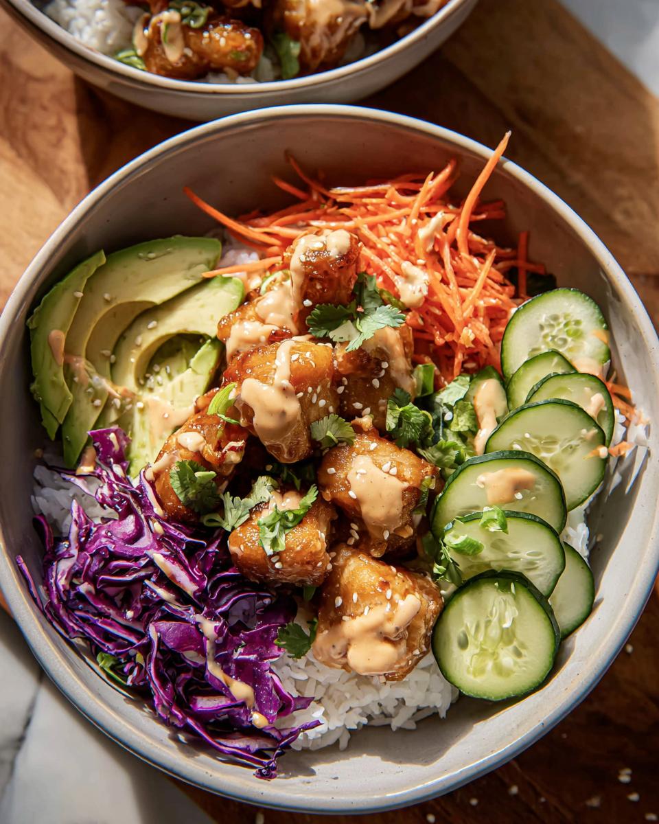 A vibrant Bang Bang Chicken Bowl filled with rice, crispy chicken, avocado, cucumber, shredded carrots, and red cabbage.