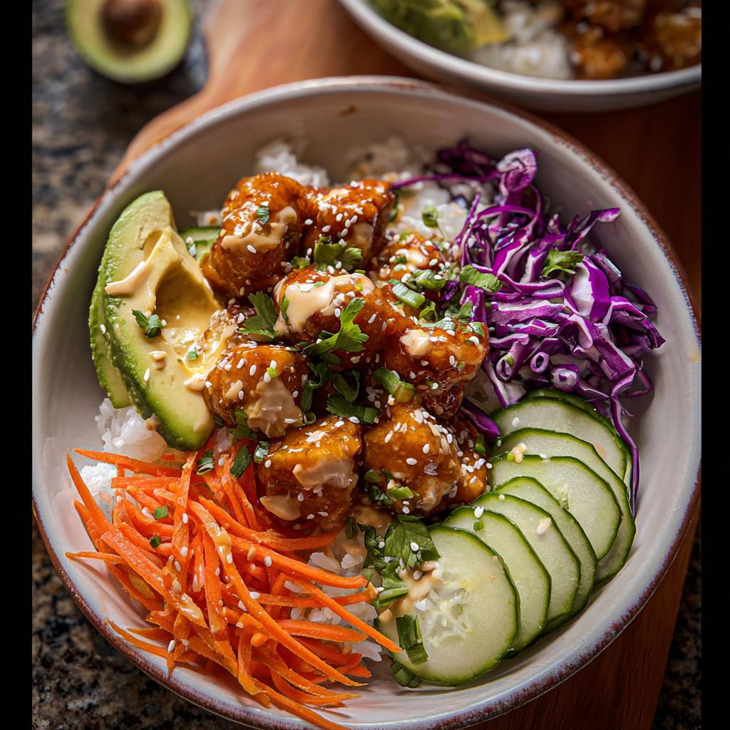 A vibrant Bang Bang Chicken Bowl filled with rice, crispy chicken, avocado, shredded carrots, cucumber, and red cabbage, drizzled with sauce.