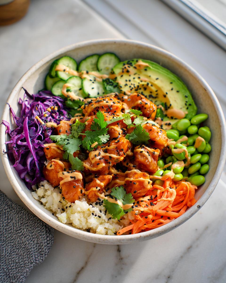 A vibrant Bang Bang Salmon Bites Bowl with salmon, rice, avocado, cucumber, edamame, and shredded carrots.