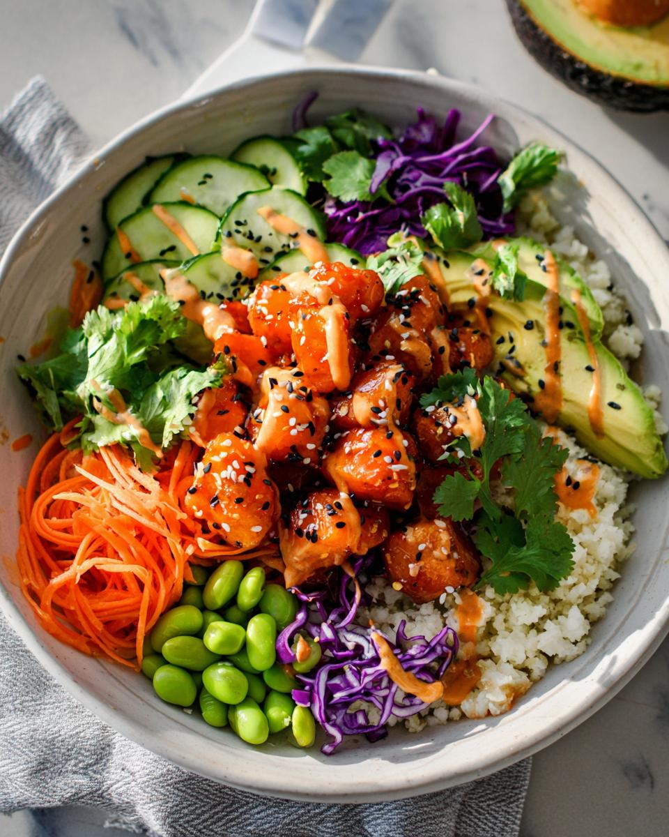 A vibrant bowl of Bang Bang Salmon Bites Bowls, featuring glazed salmon, avocado, cucumber, edamame, shredded carrots, and red cabbage.