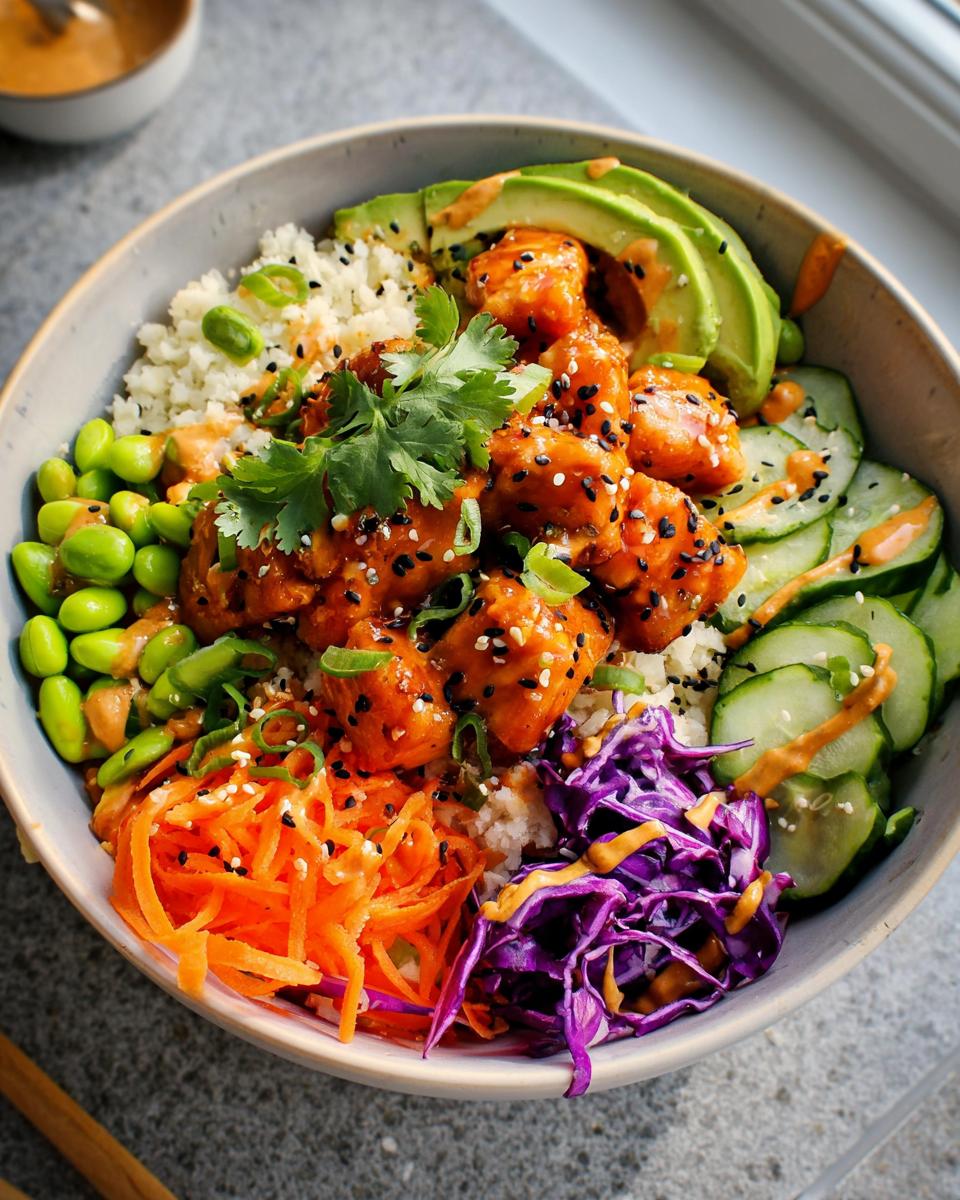 A vibrant bowl of Bang Bang Salmon Bites Bowls with salmon, avocado, edamame, cucumber, carrots, and red cabbage.