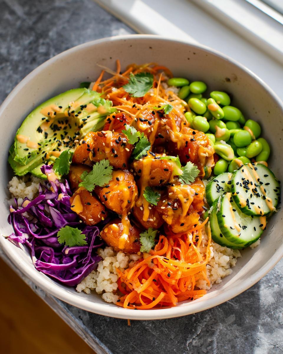 A vibrant bowl of Bang Bang Salmon Bites Bowls with salmon, avocado, edamame, cucumber, shredded carrots, and red cabbage.