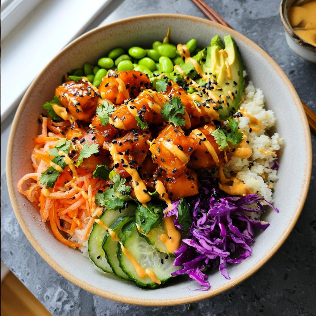 A vibrant bowl of Bang Bang Salmon Bites Bowls, featuring salmon, rice, avocado, edamame, and colorful vegetables.