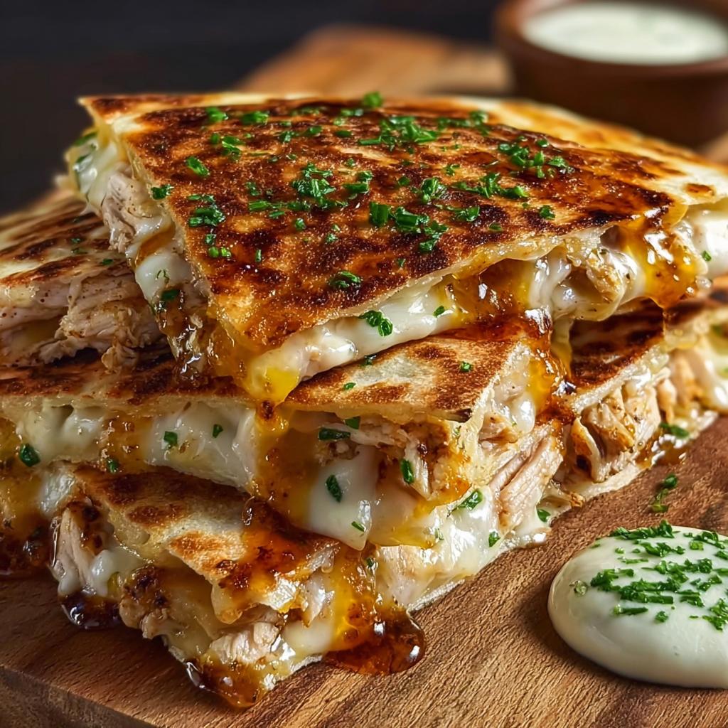 A stack of cheesy hot honey chicken quesadillas, oozing with melted cheese and drizzled with hot honey sauce, garnished with chives.