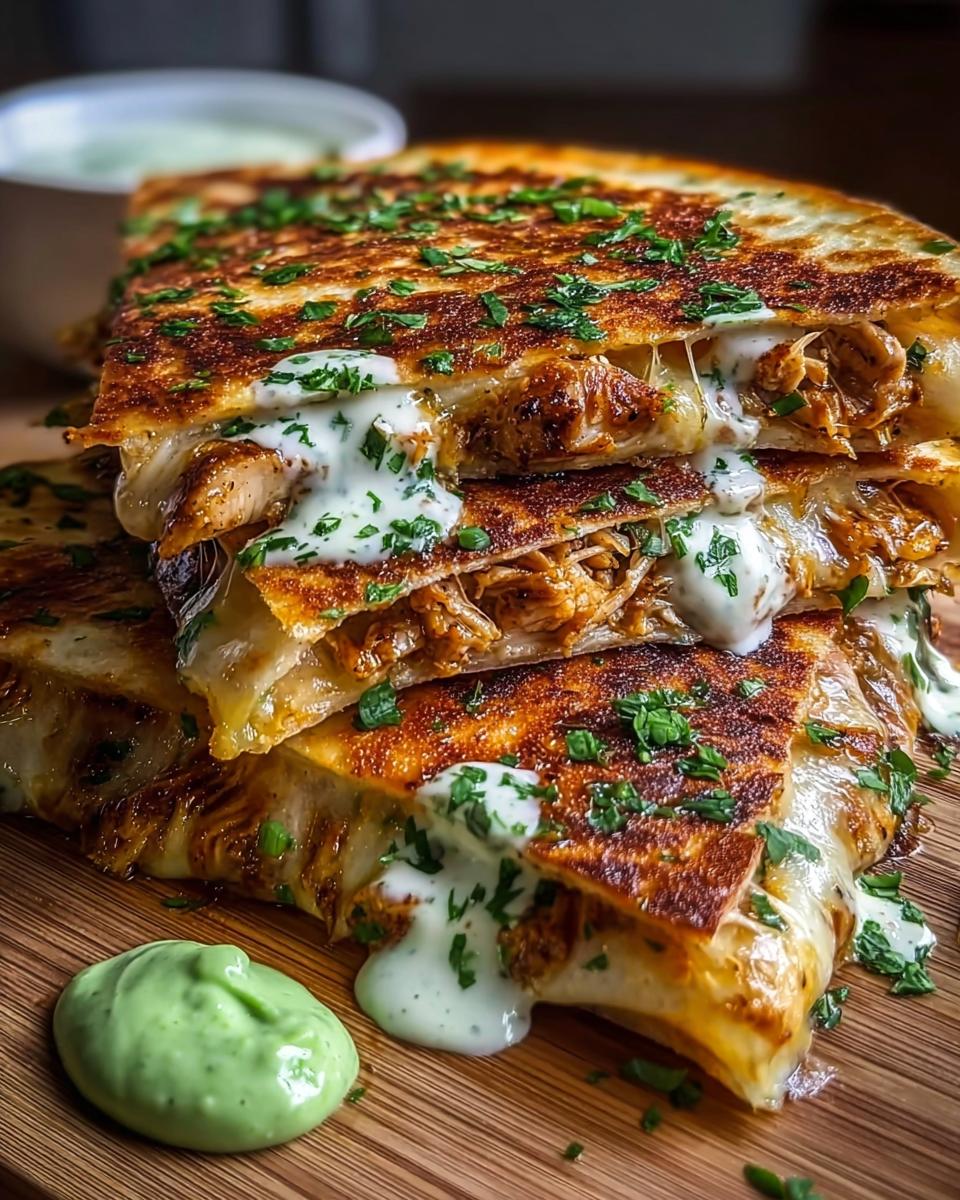 A stack of golden brown Cheesy Hot Honey Chicken Quesadillas drizzled with sauce and sprinkled with herbs.