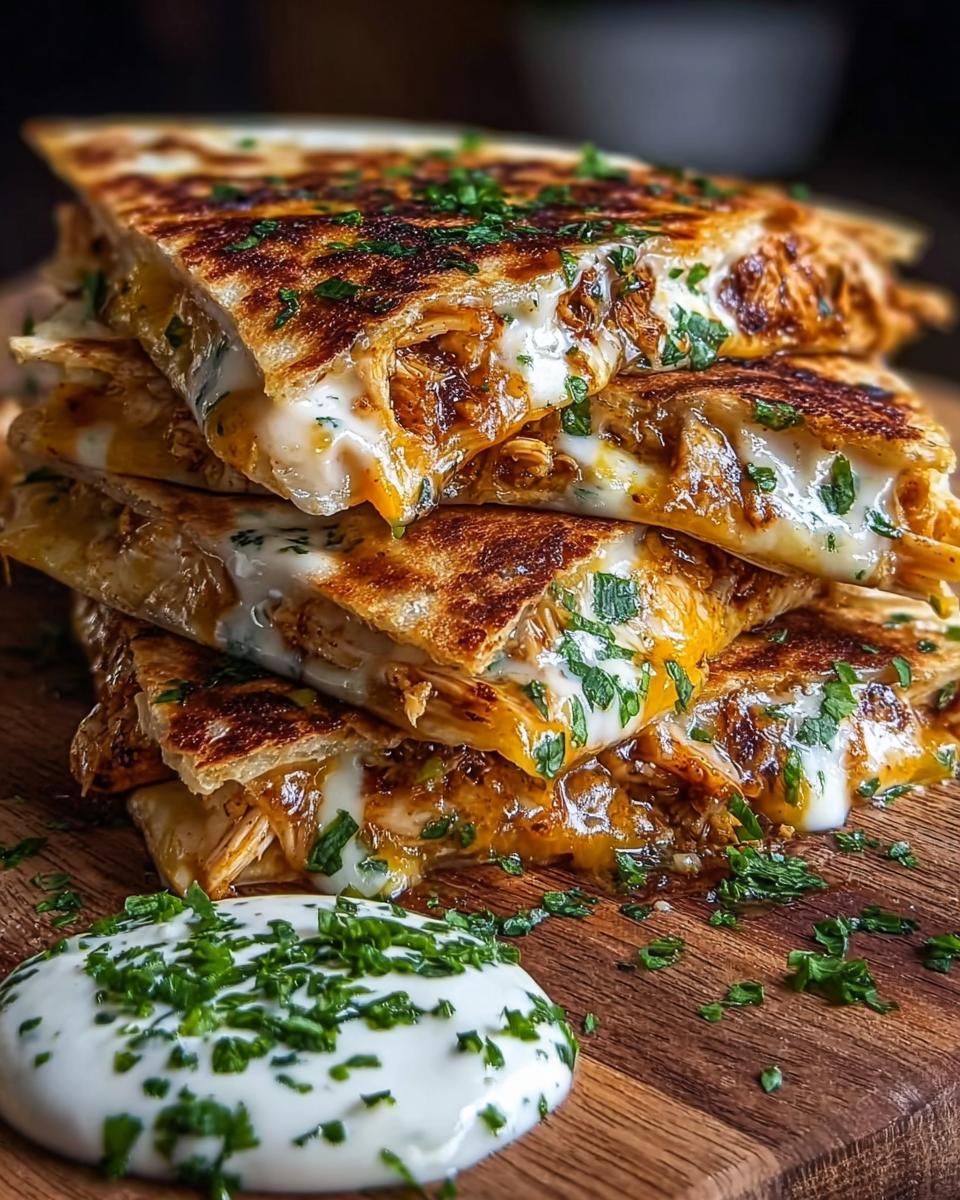 A stack of Cheesy Hot Honey Chicken Quesadillas, oozing with melted cheese and sprinkled with fresh parsley.