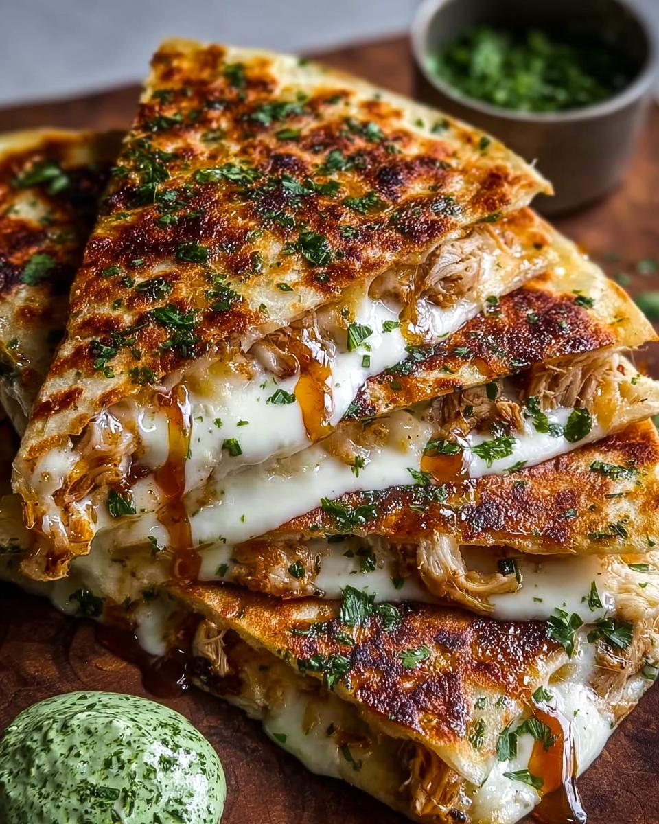 Close-up of Cheesy Hot Honey Chicken Quesadillas drizzled with hot honey and topped with parsley.