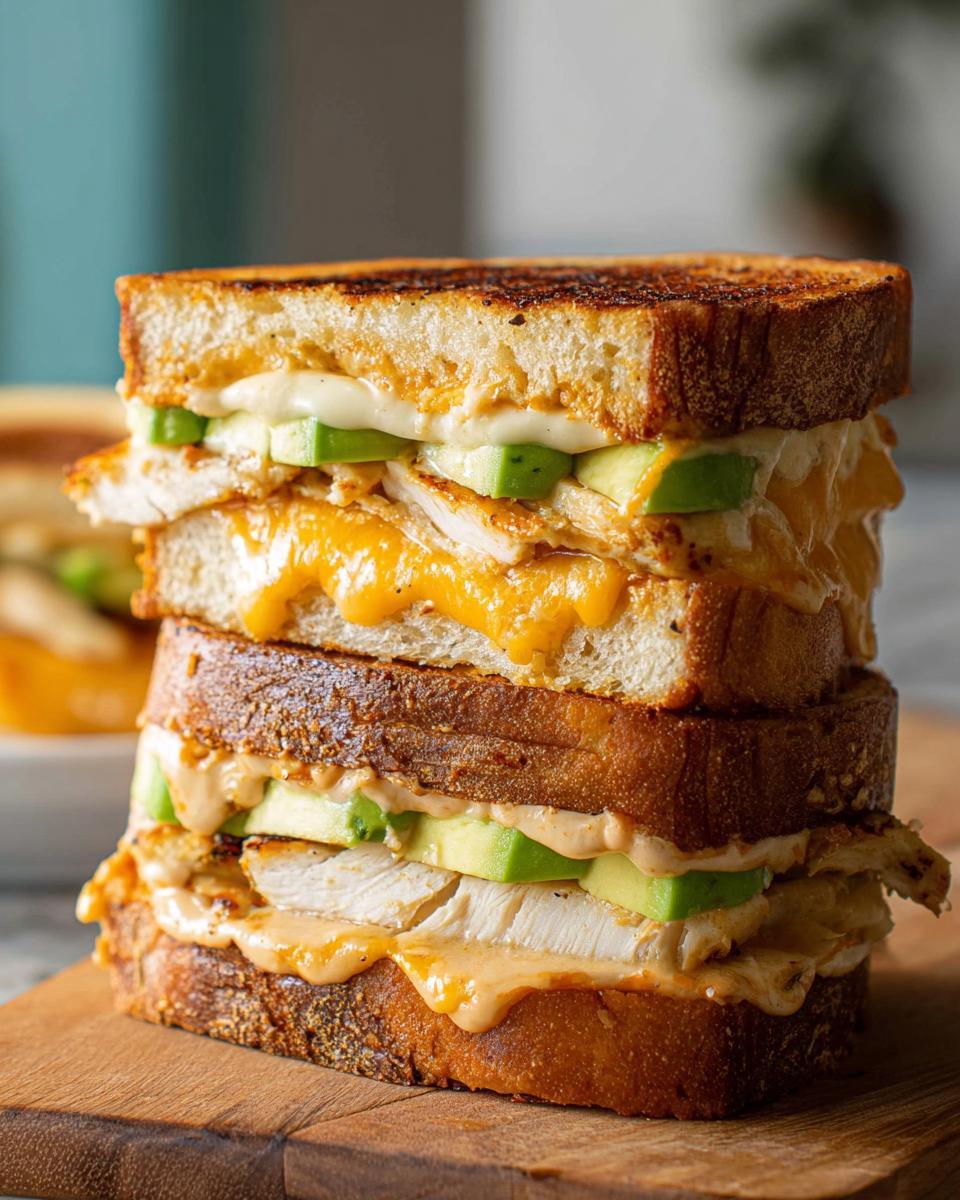 A tall stack of CHICKEN AVOCADO MELT SANDWICHES with melted cheese, avocado slices, and creamy sauce on toasted bread.
