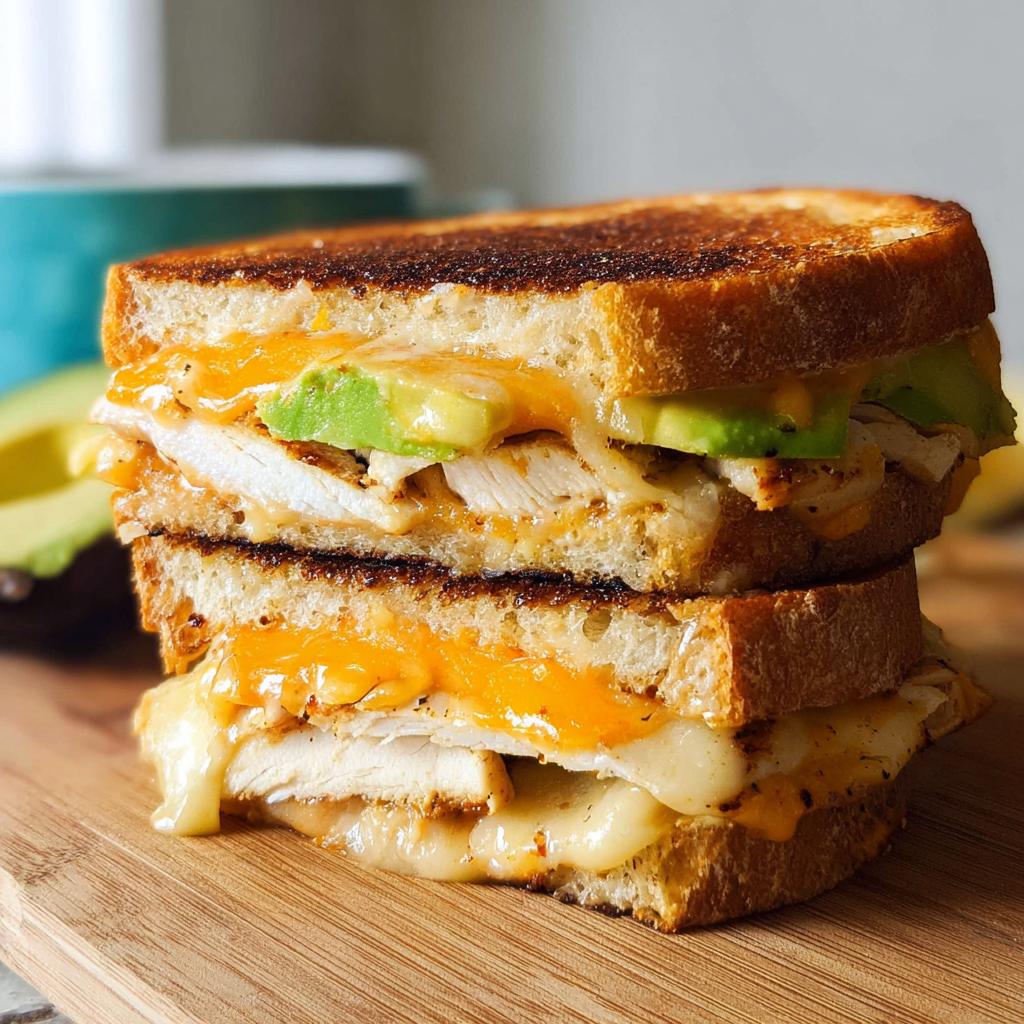 A stacked CHICKEN AVOCADO MELT SANDWICH with melted cheese and grilled chicken on toasted bread.
