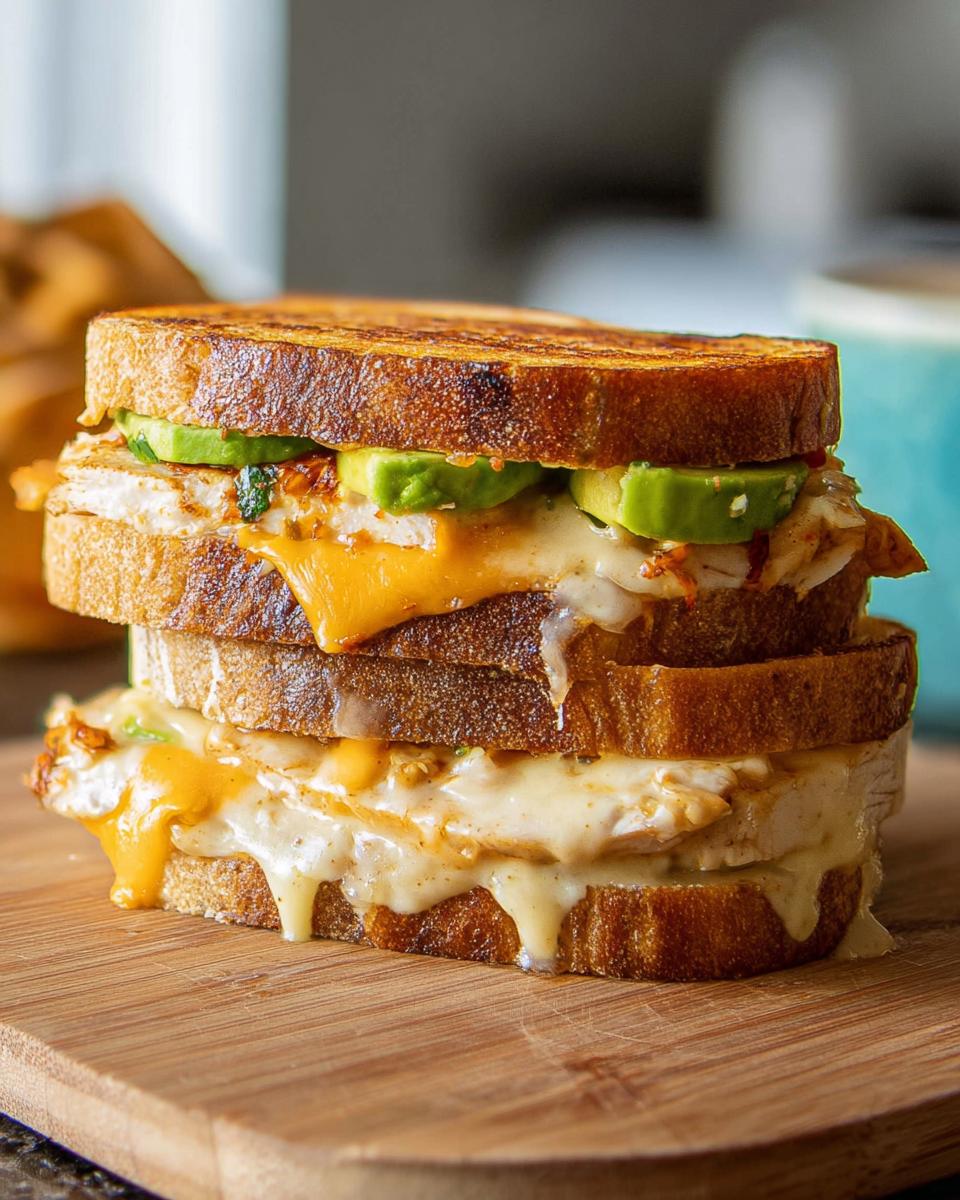 A tall CHICKEN AVOCADO MELT SANDWICH stacked with toasted bread, melted cheese, chicken, and avocado slices.
