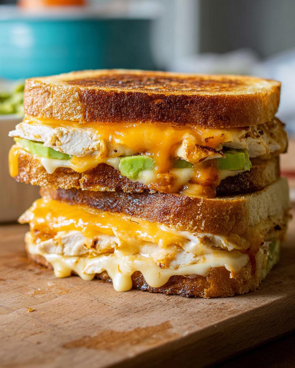 A stacked CHICKEN AVOCADO MELT SANDWICH with melted cheese and grilled bread.