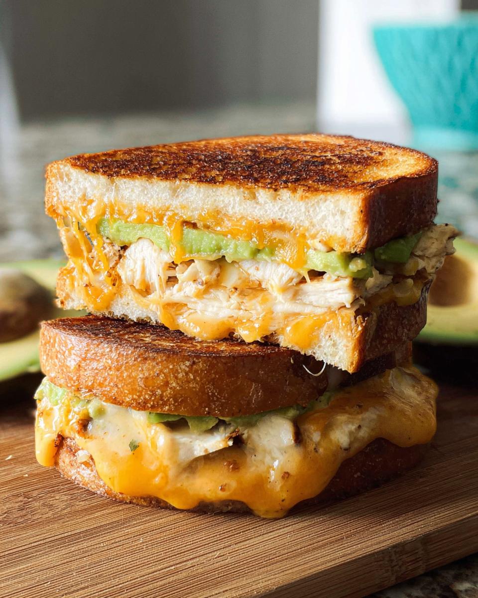 A stacked CHICKEN AVOCADO MELT SANDWICH with melted cheese, avocado, and grilled chicken on toasted bread.