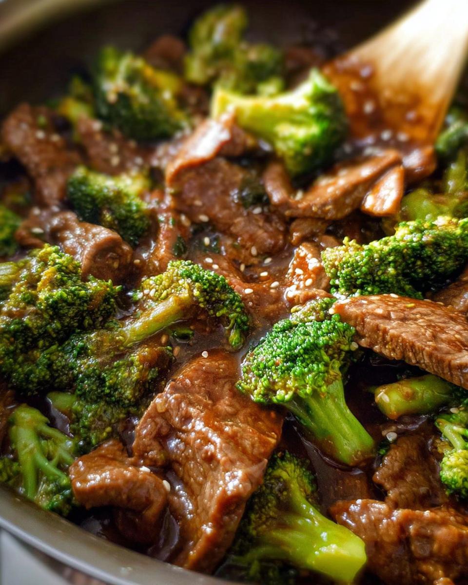 Close-up of Chinese Beef and Broccoli stir-fry in a pan, with tender beef slices and vibrant broccoli florets coated in a glossy sauce.