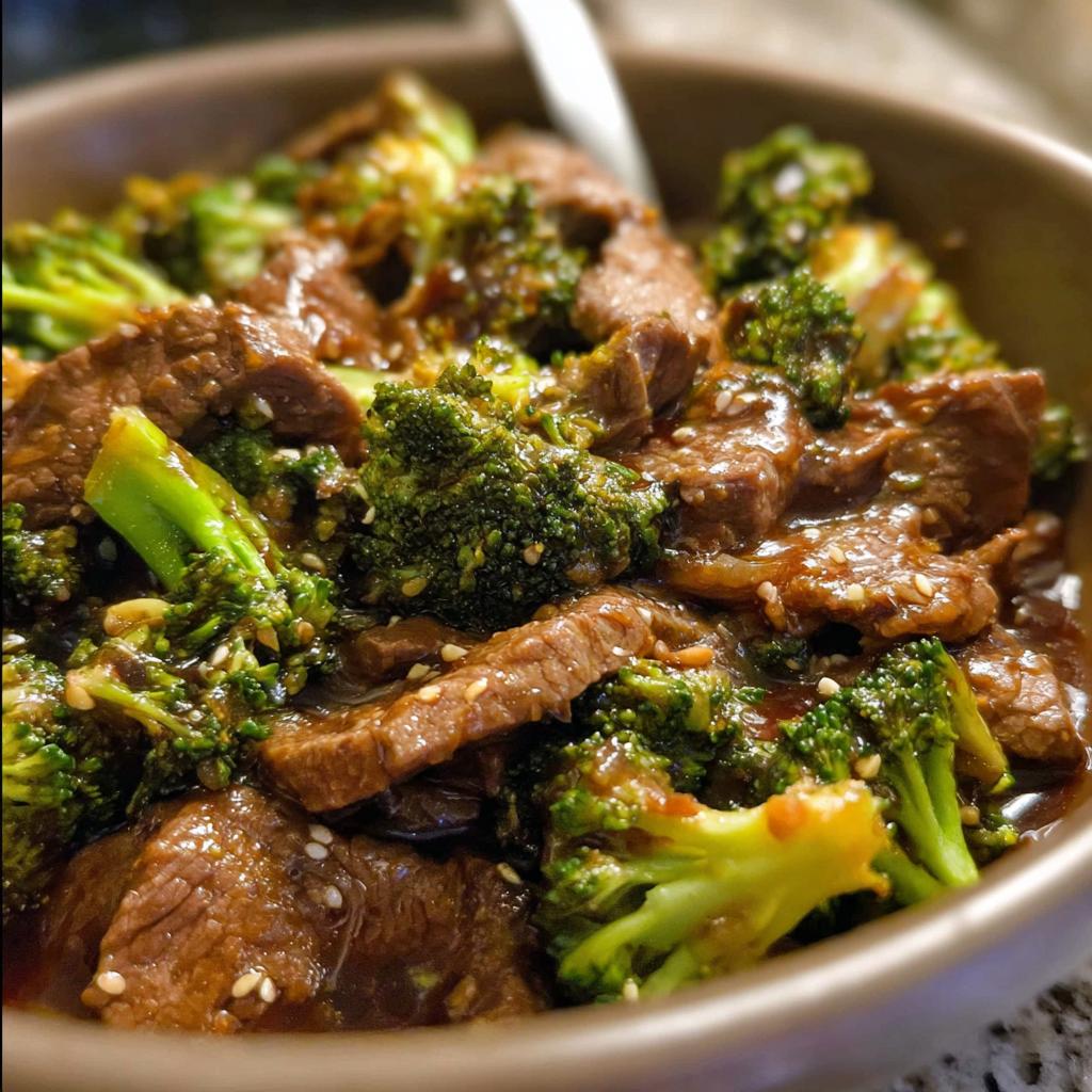 Close-up of a bowl filled with tender slices of Chinese Beef and Broccoli in a savory sauce, sprinkled with sesame seeds.