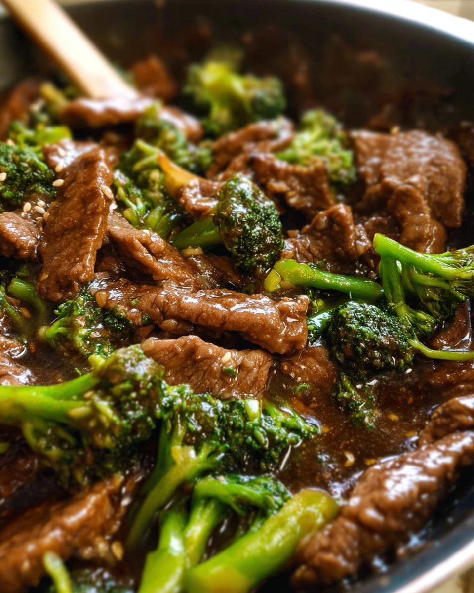 Close-up of a pan filled with tender slices of Chinese beef and broccoli in a savory sauce.