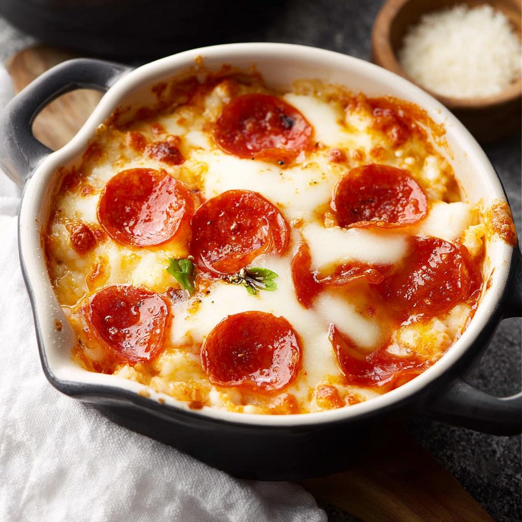 A close-up of a baked Cottage Cheese Pizza Bowl topped with melted mozzarella and pepperoni slices.