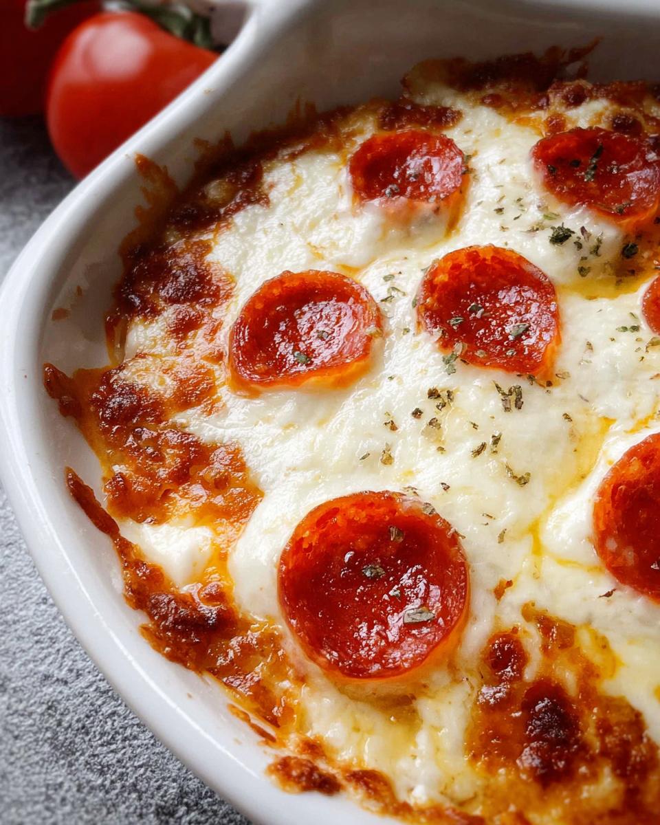 Close-up of a baked Cottage Cheese Pizza Bowl topped with melted cheese and pepperoni slices.