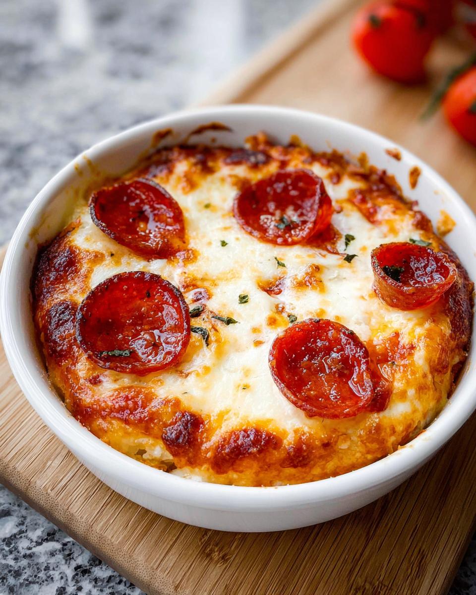 A close-up of a baked Cottage Cheese Pizza Bowl topped with melted cheese and pepperoni slices.