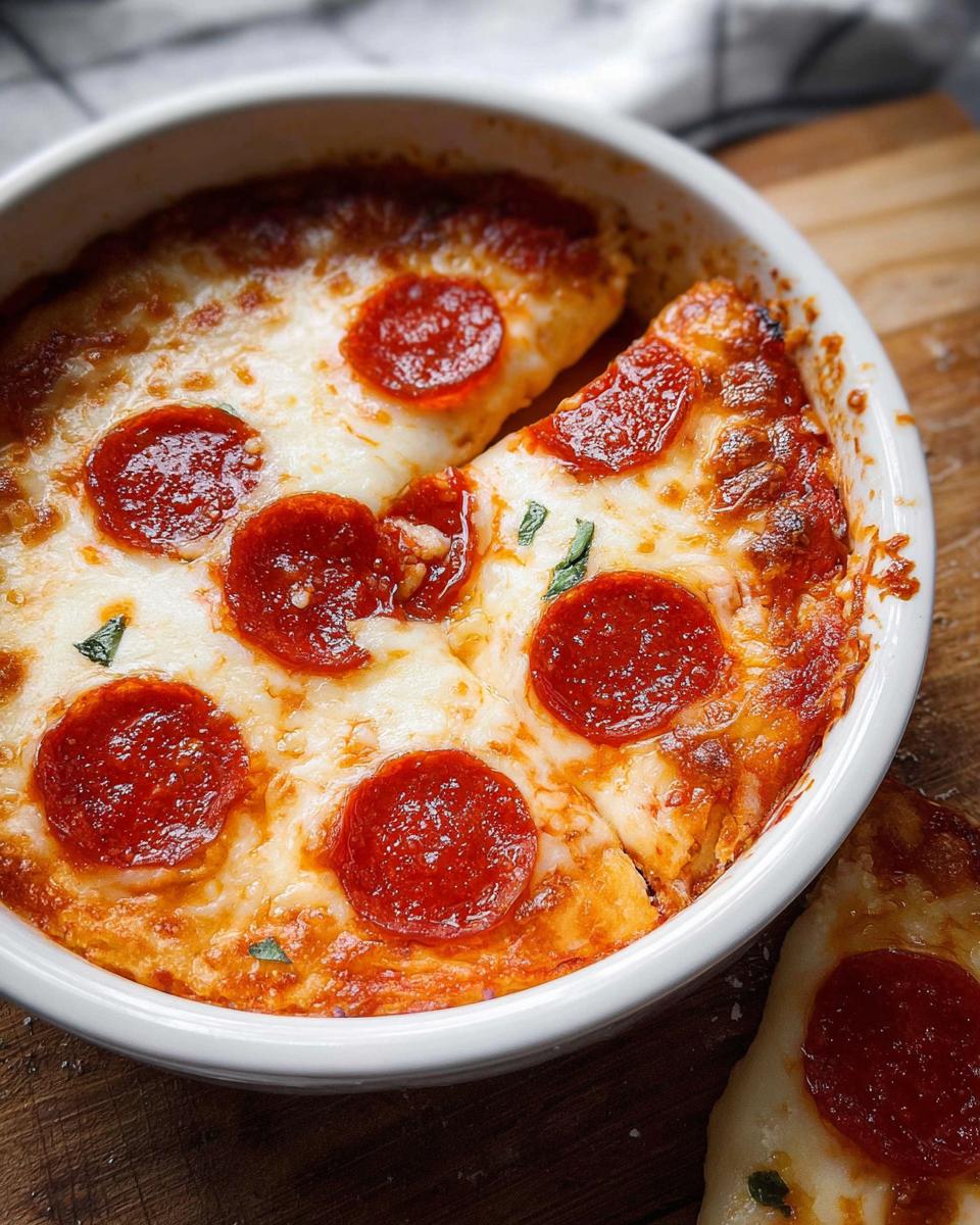 A delicious Cottage Cheese Pizza Bowl topped with melted cheese and pepperoni slices, with a slice removed.