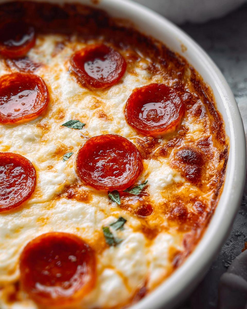 Close-up of a baked Cottage Cheese Pizza Bowl topped with melted cheese and pepperoni slices.