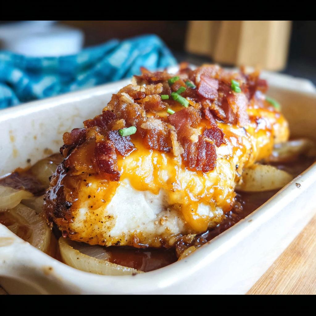 A close-up of Cowboy BBQ Bacon Cheddar Chicken baked in a dish with onions and sauce, topped with crispy bacon.