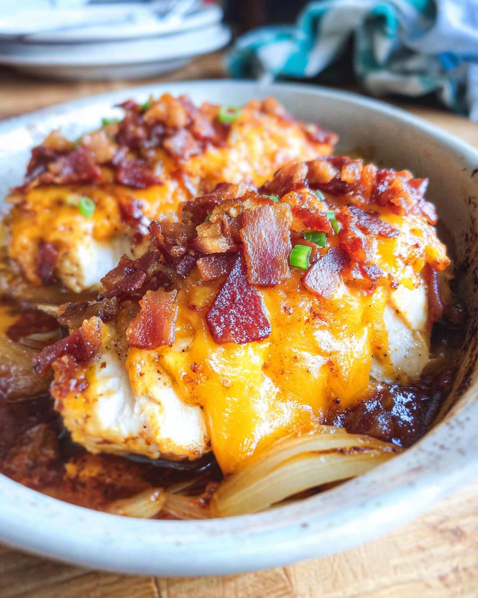 Close-up of Cowboy BBQ Bacon Cheddar Chicken baked in a dish with melted cheddar cheese and crispy bacon bits.