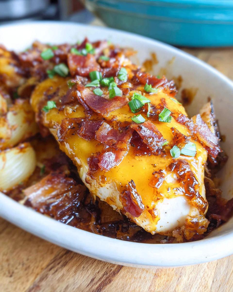 Close-up of a baked Cowboy BBQ Bacon Cheddar Chicken breast topped with melted cheddar cheese, crispy bacon, and green onions.