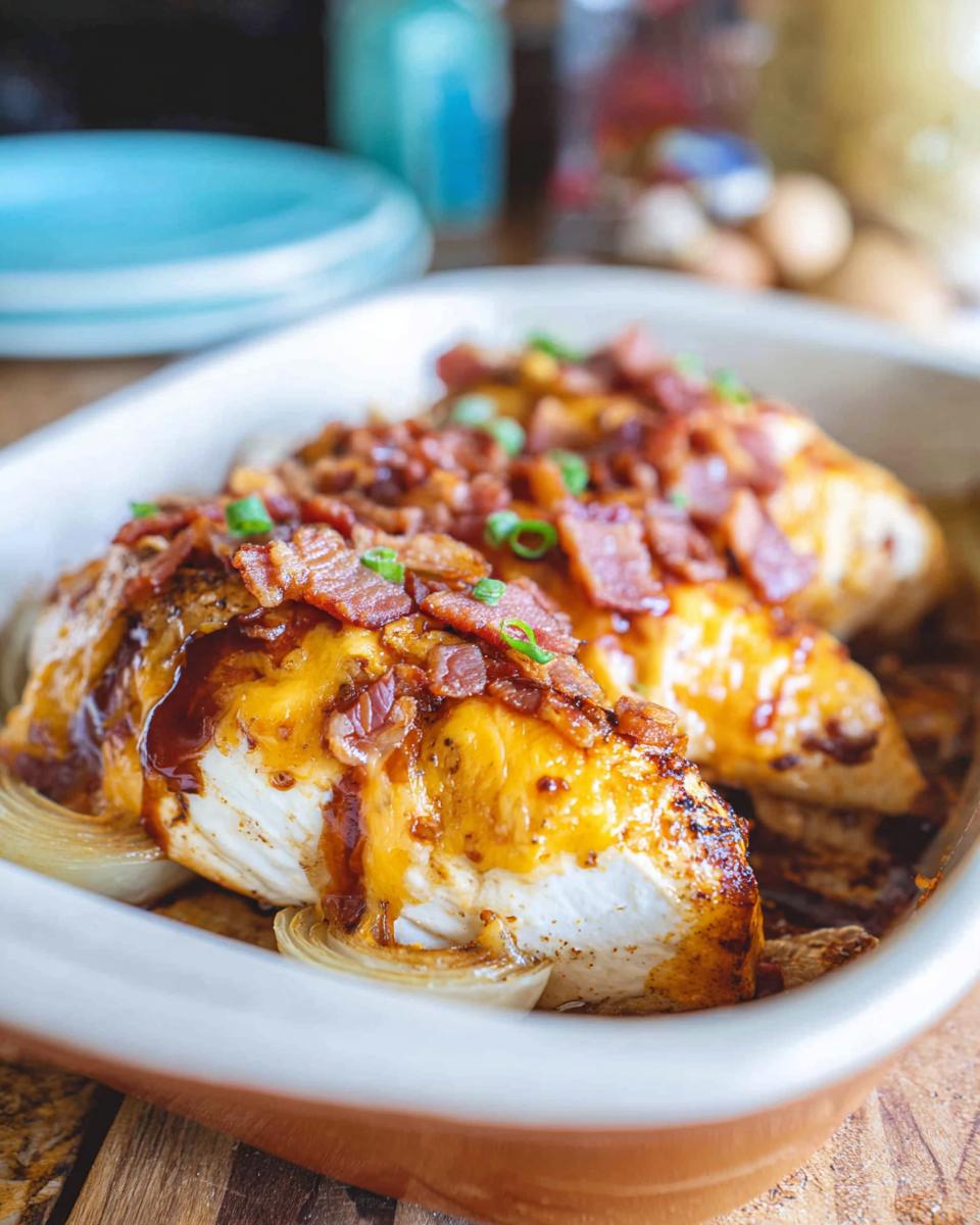 Close-up of Cowboy BBQ Bacon Cheddar Chicken topped with melted cheddar cheese and crispy bacon bits.