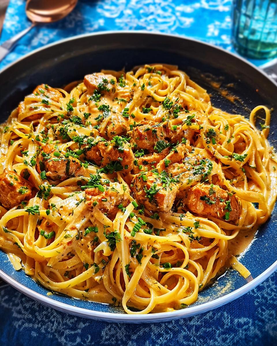 A close-up of Cowboy Butter Chicken Pasta, featuring fettuccine noodles coated in a rich, creamy sauce with tender chicken pieces and fresh herbs.