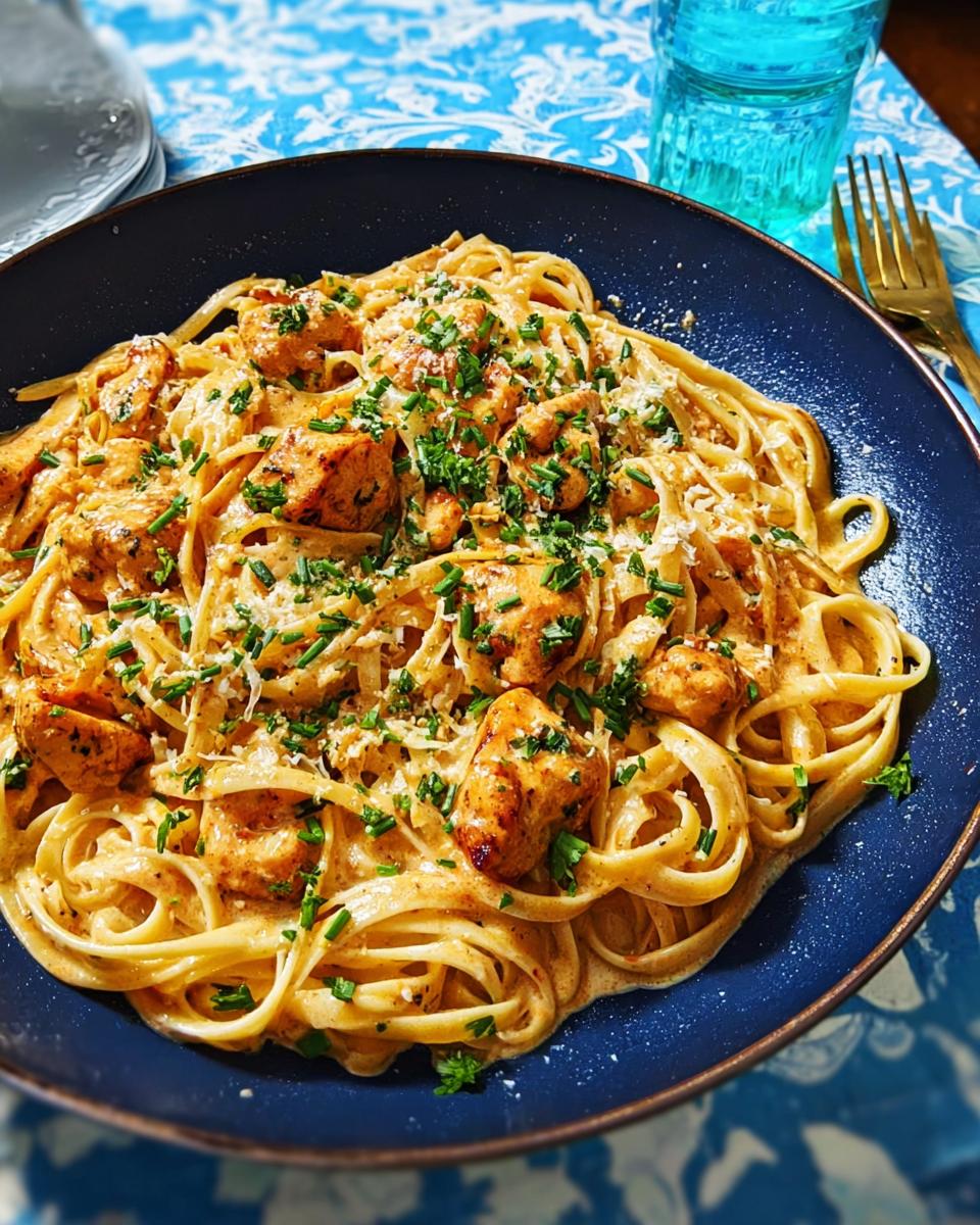A close-up of Cowboy Butter Chicken Pasta, featuring fettuccine noodles coated in a creamy sauce with chunks of seasoned chicken and fresh chives.