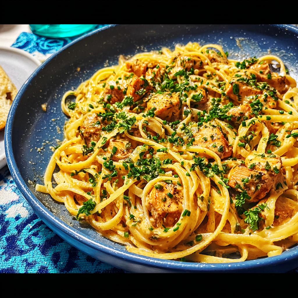 A close-up of Cowboy Butter Chicken Pasta featuring linguine noodles, tender chicken pieces, and a rich, creamy sauce, garnished with fresh chives.